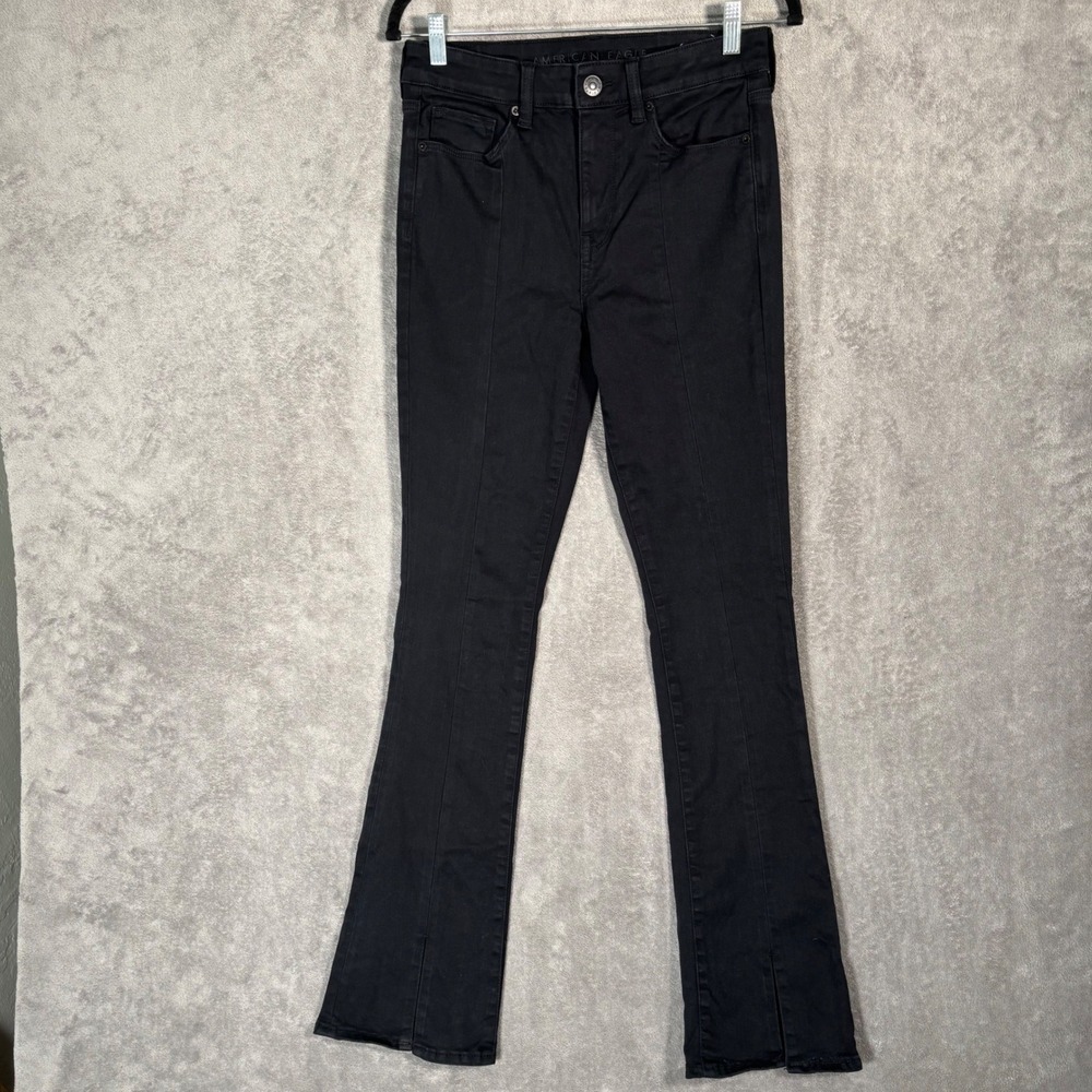 American Eagle HiRise Skinny Kick Jeans Black Split Hem Front Seam 8 Long Grunge